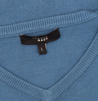 Thomas Nash Men's Blue V-Neck Cotton Pullover Jumper