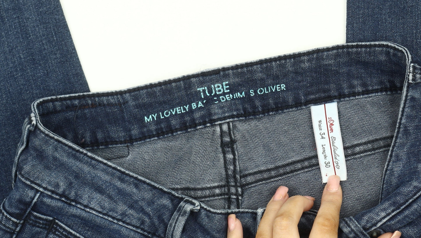 s.Oliver Women's Blue Straight Jeans, Size 8, Embroidered