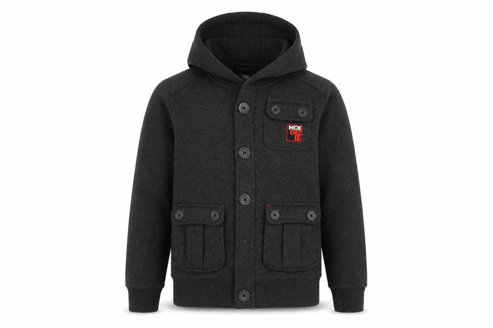 Front view of McKenzie boys’' black bomber jacket, m, hooded