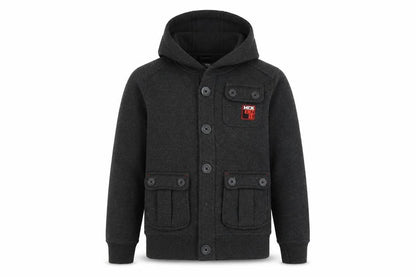 Front view of McKenzie boys’' black bomber jacket, m, hooded