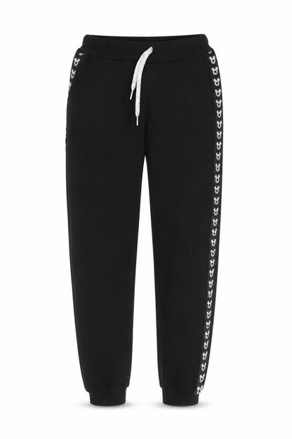 Front view of Mickey Mouse unisex kids black jogger tracksuit with side stripe, size 152