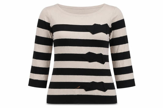 Front view of Jaeger Women's Black Beige Striped Pullover M