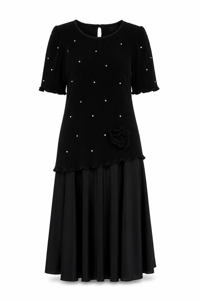Front view of Classics Woman Black Beaded Dress, size 12, Flutter Sleeve
