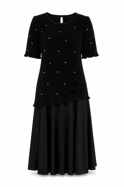 Front view of Classics Woman Black Beaded Dress, size 12, Flutter Sleeve