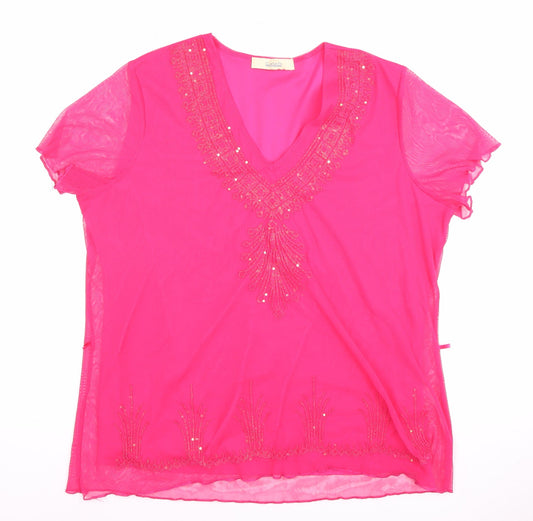 Classics Women's Pink V-Neck Embroidered Top - Size 14