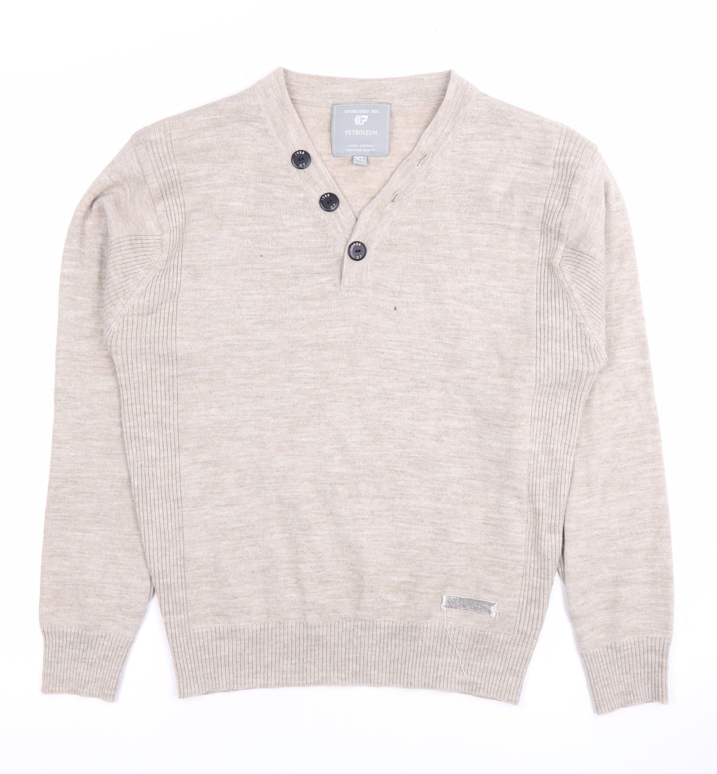 Petroleum Men's Beige Henley XL Knit Jumper