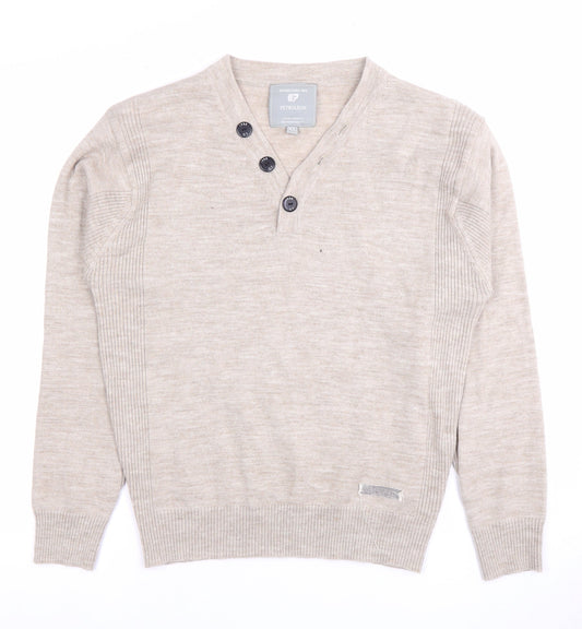Petroleum Men's Beige Henley XL Knit Jumper