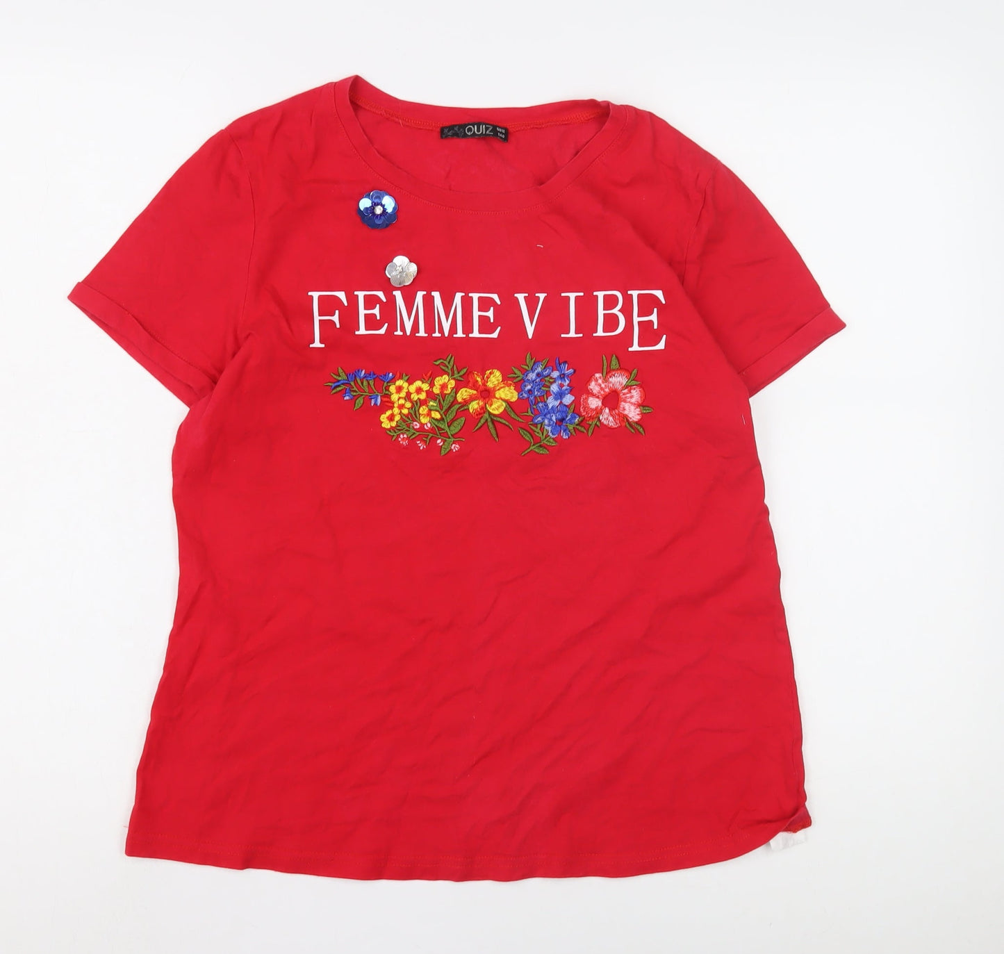 Quiz Women's Red Floral Embroidered T-Shirt, Size 12