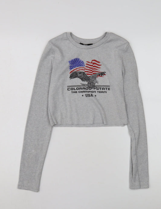 Bershka Women's Grey Cropped T-Shirt, Size 12