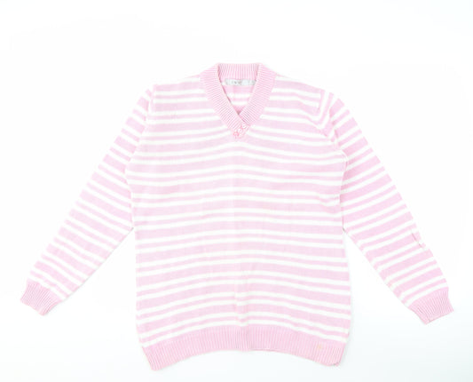 EWM Women's Pink Striped V-Neck Pullover Jumper M