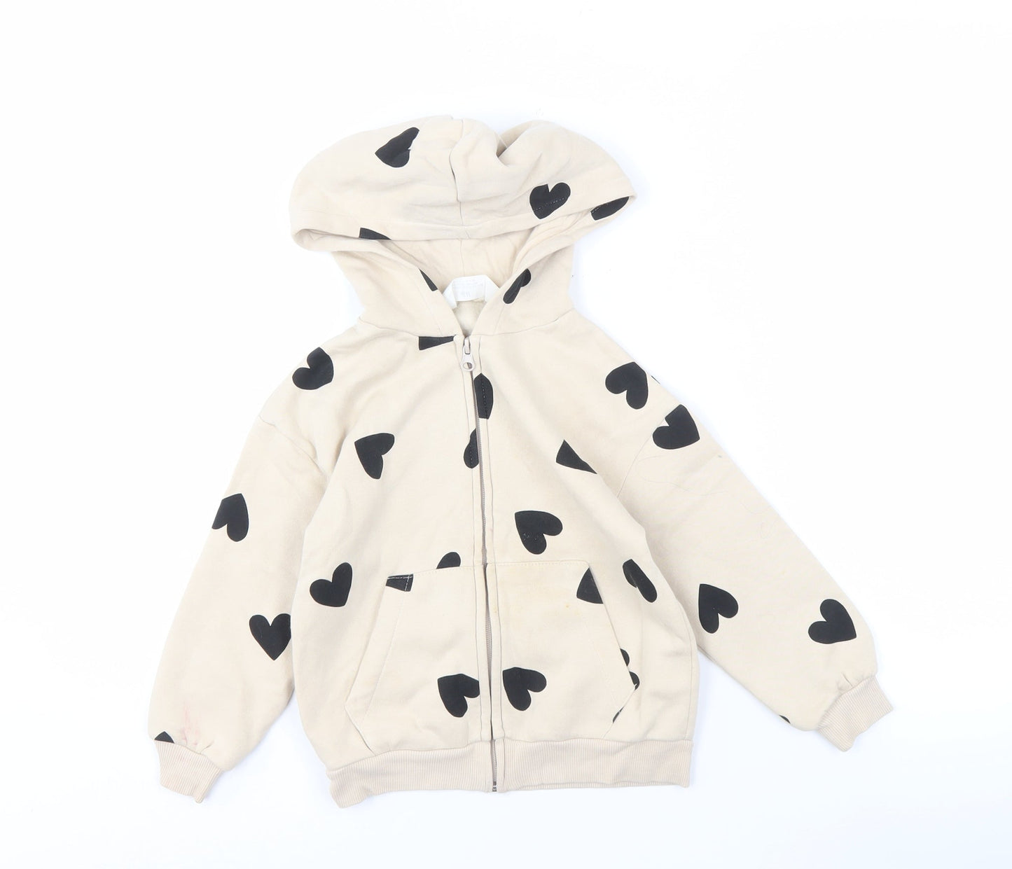 H&M Girls Beige Heart Print Full Zip Hoodie 4-6 Years