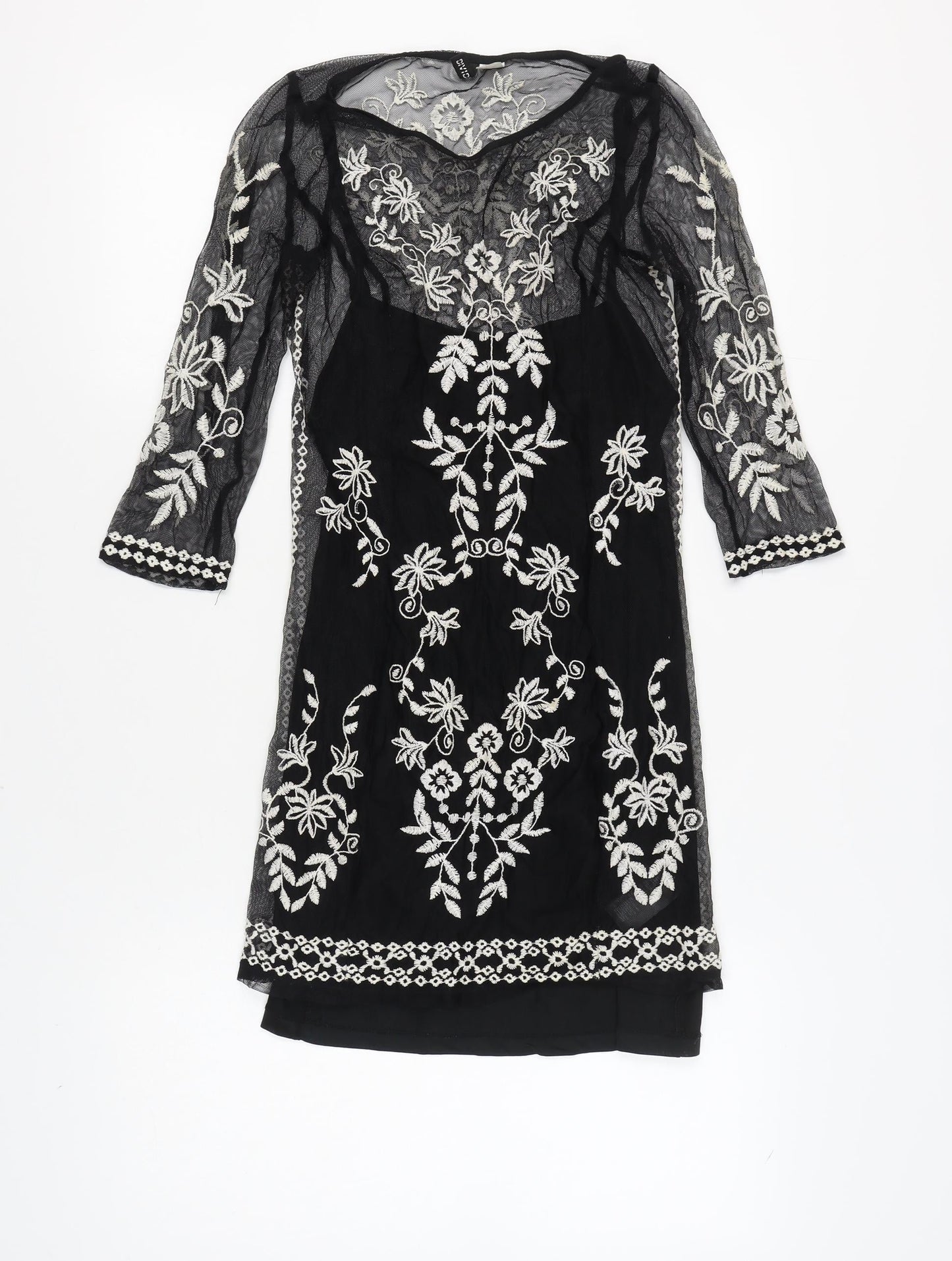 H&M Women’s Black Sheath Dress, Size 8, Embroidered, Floral