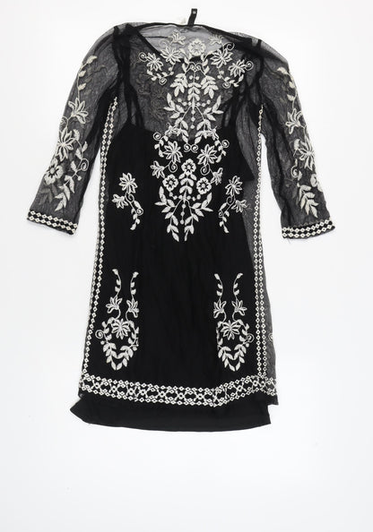 H&M Women’s Black Sheath Dress, Size 8, Embroidered, Floral