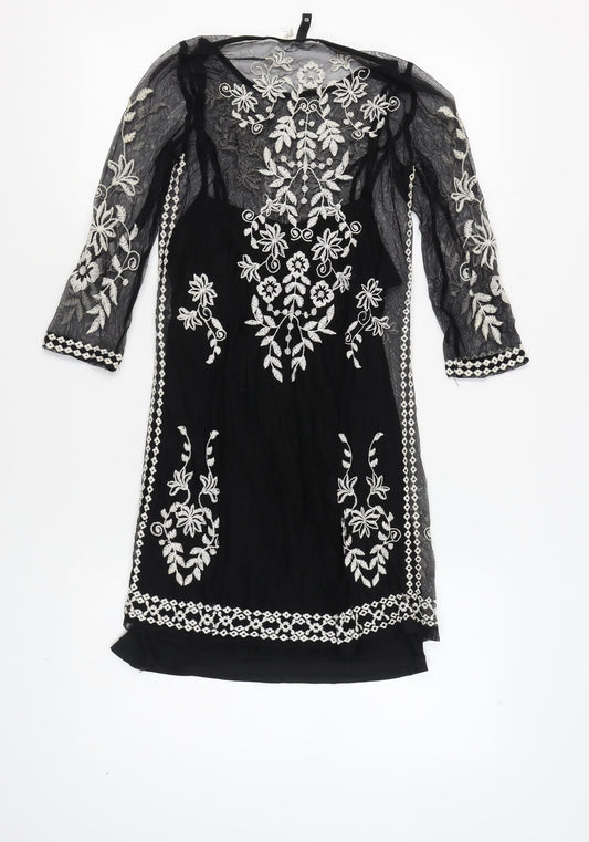 H&M Women’s Black Sheath Dress, Size 8, Embroidered, Floral