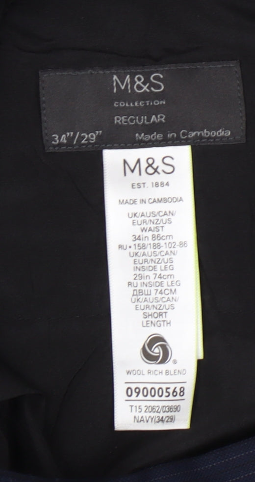 Marks and Spencer Men's Blue Trousers, 34/29, Wool Blend