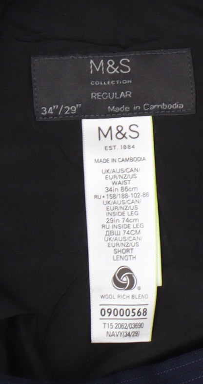 Marks and Spencer Men's Blue Trousers, 34/29, Wool Blend