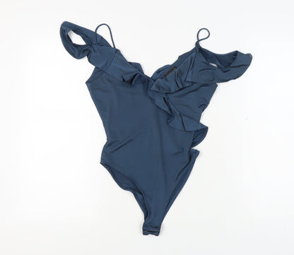 Topshop Women's Blue Bodysuit, Size 10, Ruffle Accent