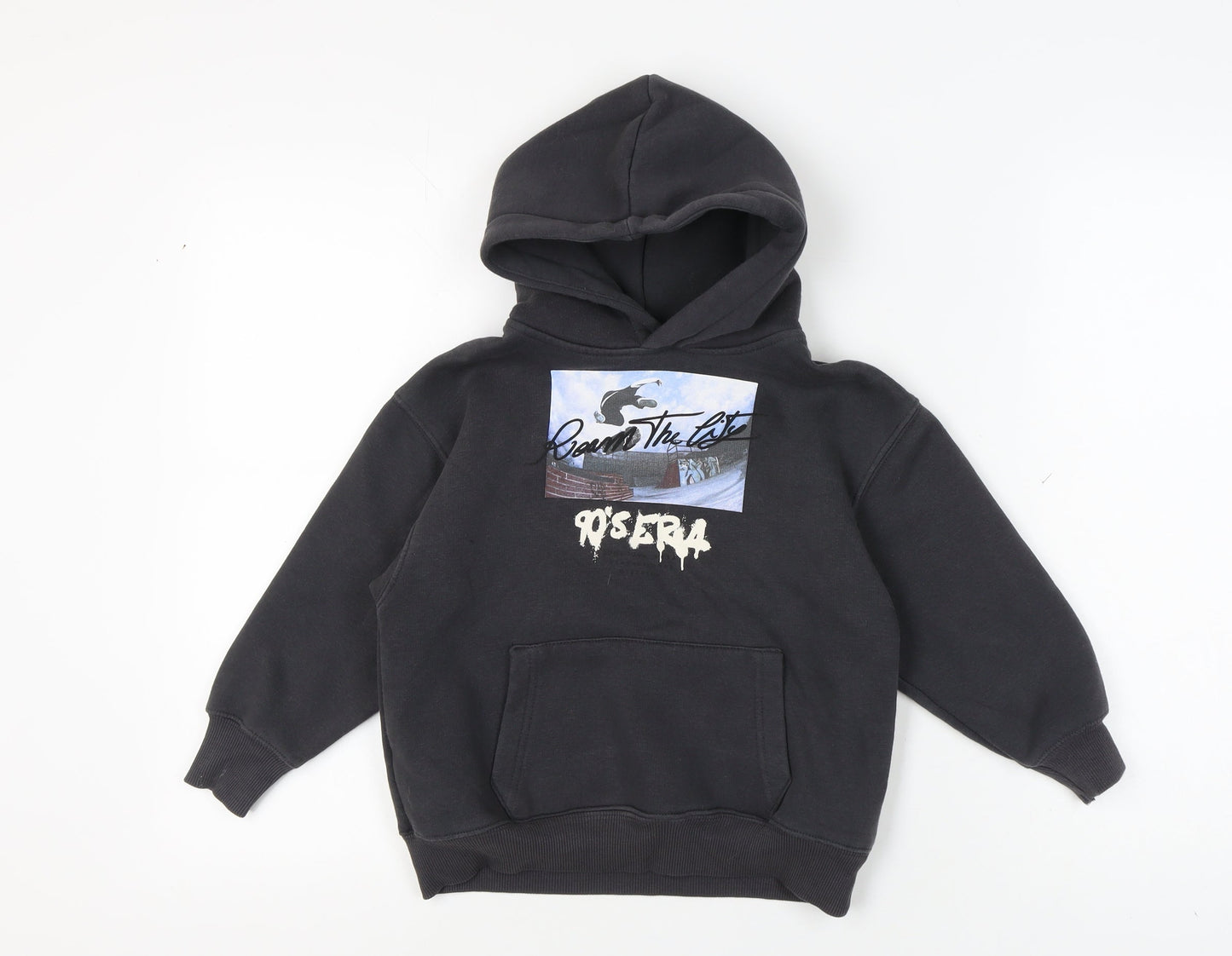 Zara Boys Black 90s Graphic Print Pullover Hoodie 6-7 Years