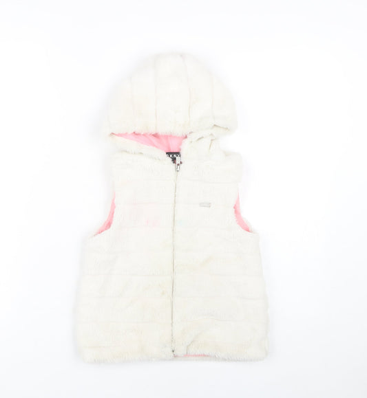 DKNY Girls White Hooded Sleeveless Jacket, S, Casual