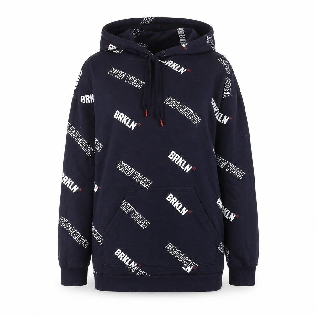 Front view of H&M unisex adults black hoodie m urban text pattern
