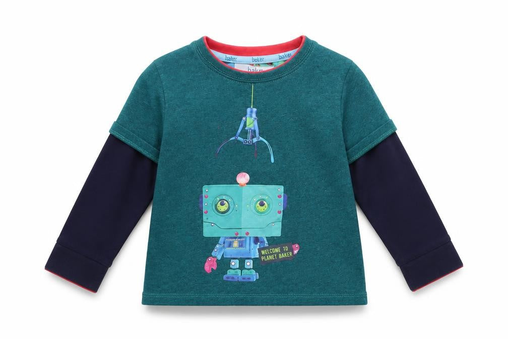 Front view of Ted Baker unisex blue robot t-shirt 18-24 months