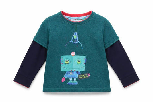 Front view of Ted Baker unisex blue robot t-shirt 18-24 months