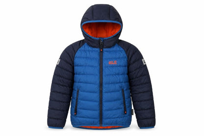 Front view of Jack Wolfskin boys’ blue puffer jacket uk 8 hooded winter
