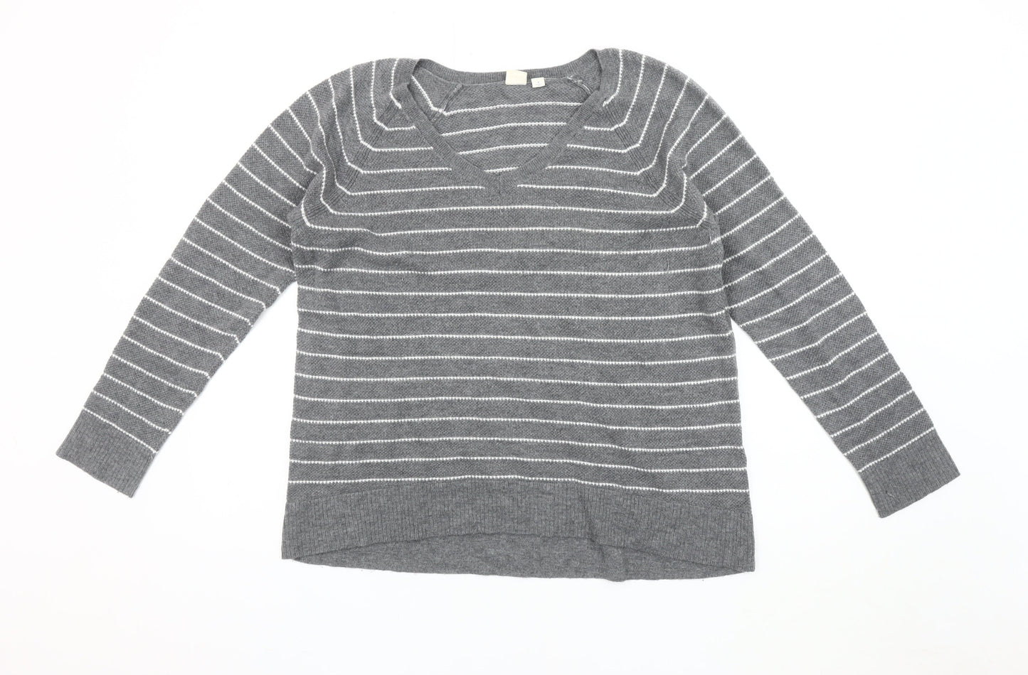 GAP Women's Grey Striped V-Neck Pullover Jumper M