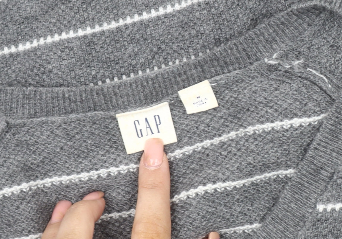 GAP Women's Grey Striped V-Neck Pullover Jumper M