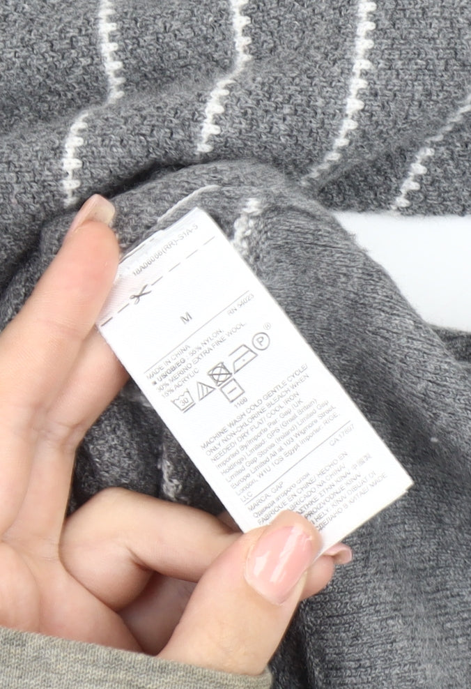 GAP Women's Grey Striped V-Neck Pullover Jumper M