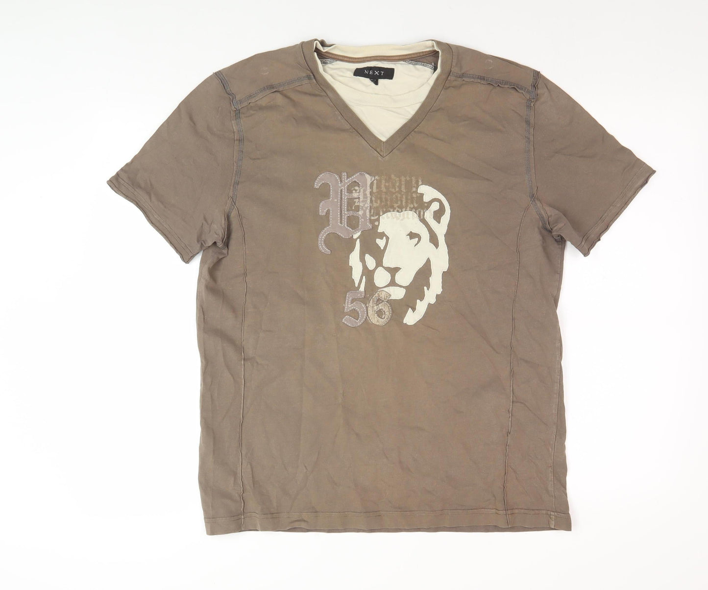 Next Men's Brown V-Neck Graphic T-Shirt, Size M