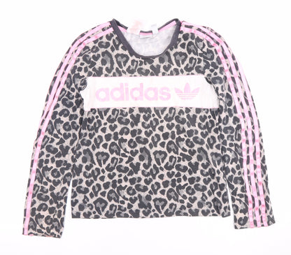 Adidas Girls Grey Pink Animal Long Sleeve Pullover 11-12 Years