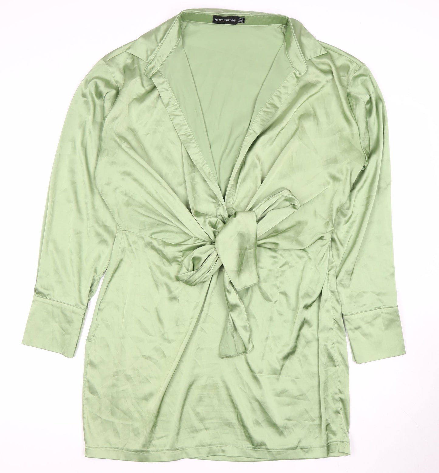 PrettyLittleThing Women's Green Bow Tie Collared Dress - Size 16