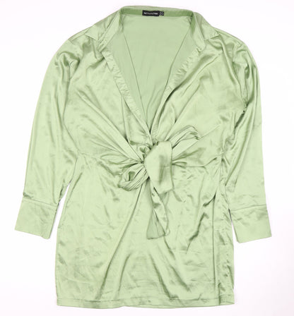 PrettyLittleThing Women's Green Bow Tie Collared Dress - Size 16