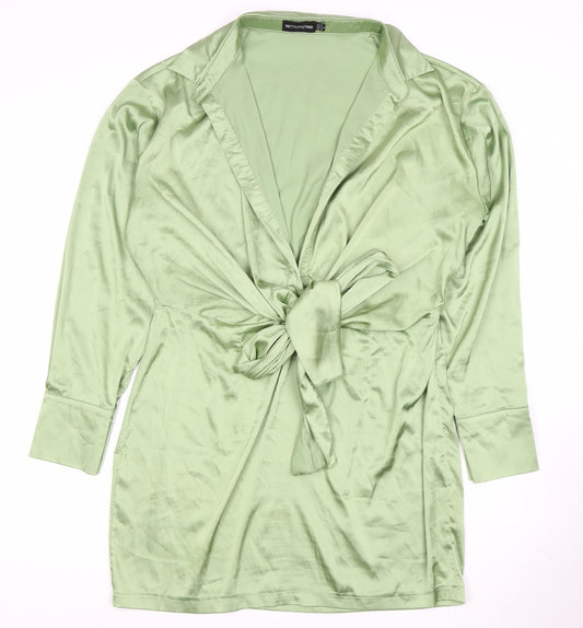 PrettyLittleThing Women's Green Bow Tie Collared Dress - Size 16
