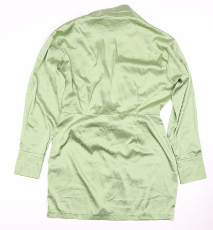 PrettyLittleThing Women's Green Bow Tie Collared Dress - Size 16