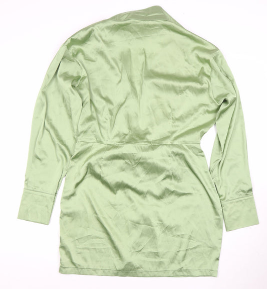 PrettyLittleThing Women's Green Bow Tie Collared Dress - Size 16