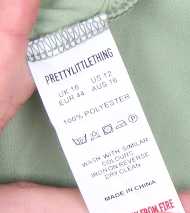 PrettyLittleThing Women's Green Bow Tie Collared Dress - Size 16