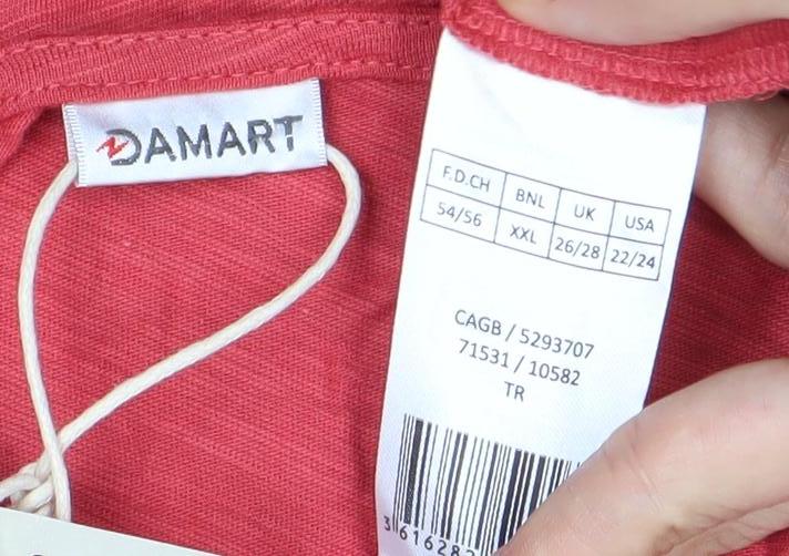 Damart Women's Red V-Neck Short Sleeve T-Shirt