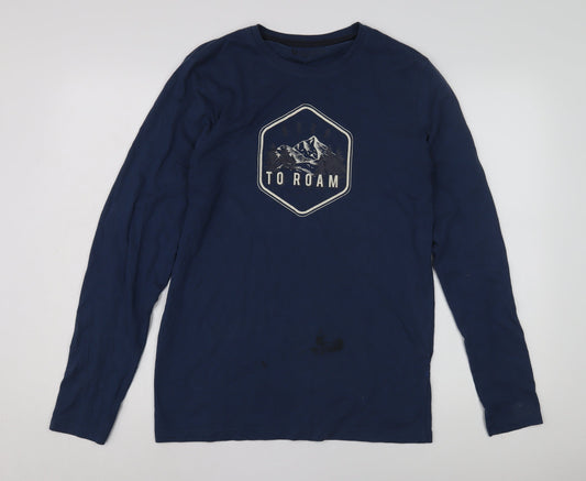 Marks & Spencer Men's Blue Long Sleeve Graphic T-Shirt, M