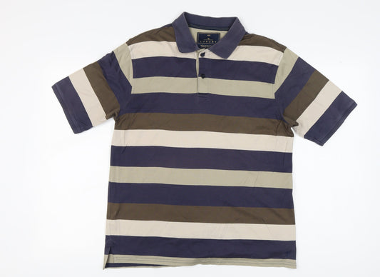Marks and Spencer Men's Striped Polo, Medium, Blue/Brown