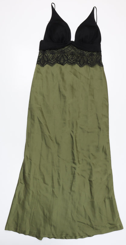 Selina Women's Black & Green Slip Dress, Size 12 V-Neck
