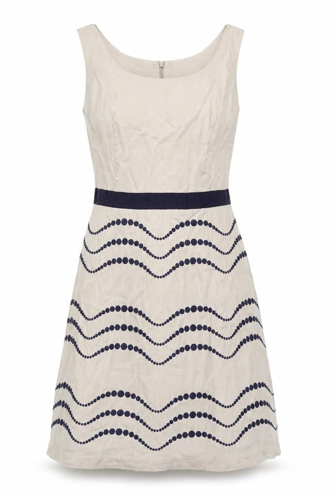 Front view of Boden Women's Beige Fit & Flare Dress, size 10