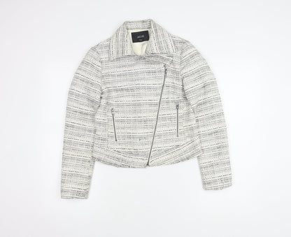 Jacob Women's White Biker Jacket XS, Collared Tweed Zip