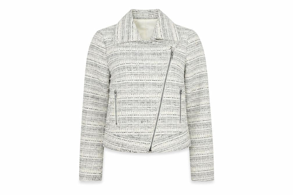 Jacob Women's White Biker Jacket XS, Collared Tweed Zip