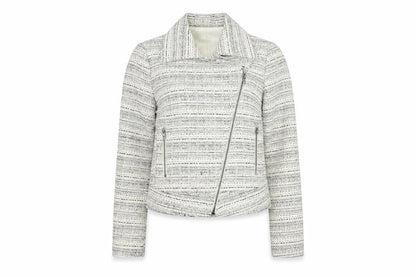 Jacob Women's White Biker Jacket XS, Collared Tweed Zip