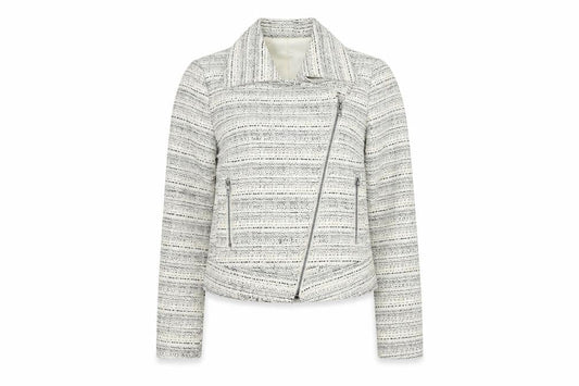 Jacob Women's White Biker Jacket XS, Collared Tweed Zip