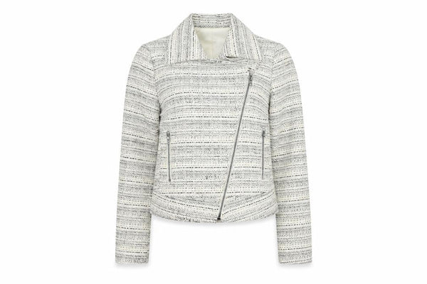 Jacob Women's White Biker Jacket XS, Collared Tweed Zip