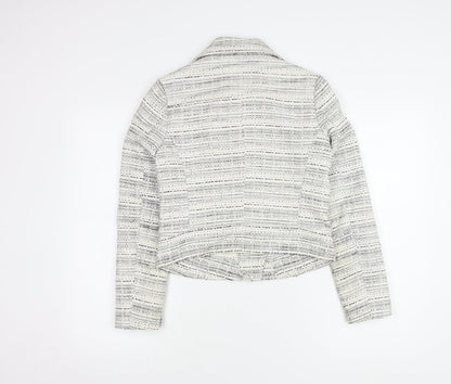 Jacob Women's White Biker Jacket XS, Collared Tweed Zip