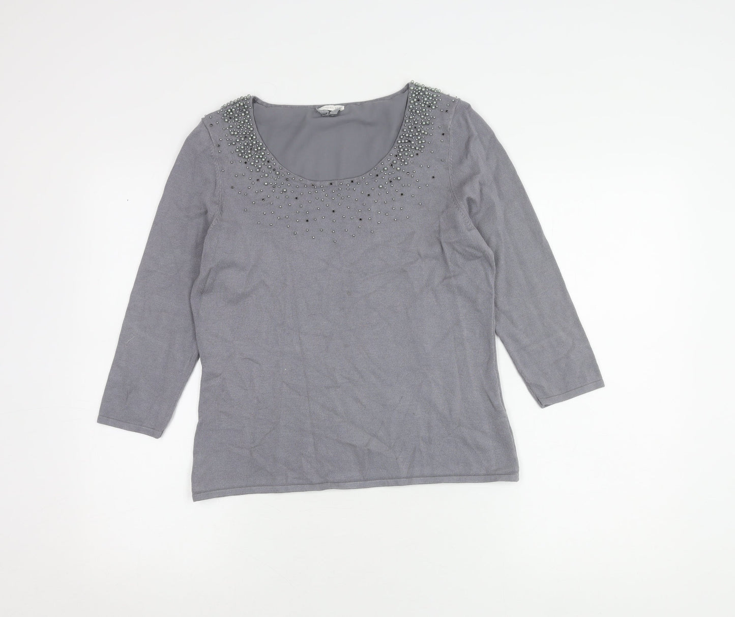 Jacques Vert Women’s Grey S Beaded 3/4 Sleeve Blouse